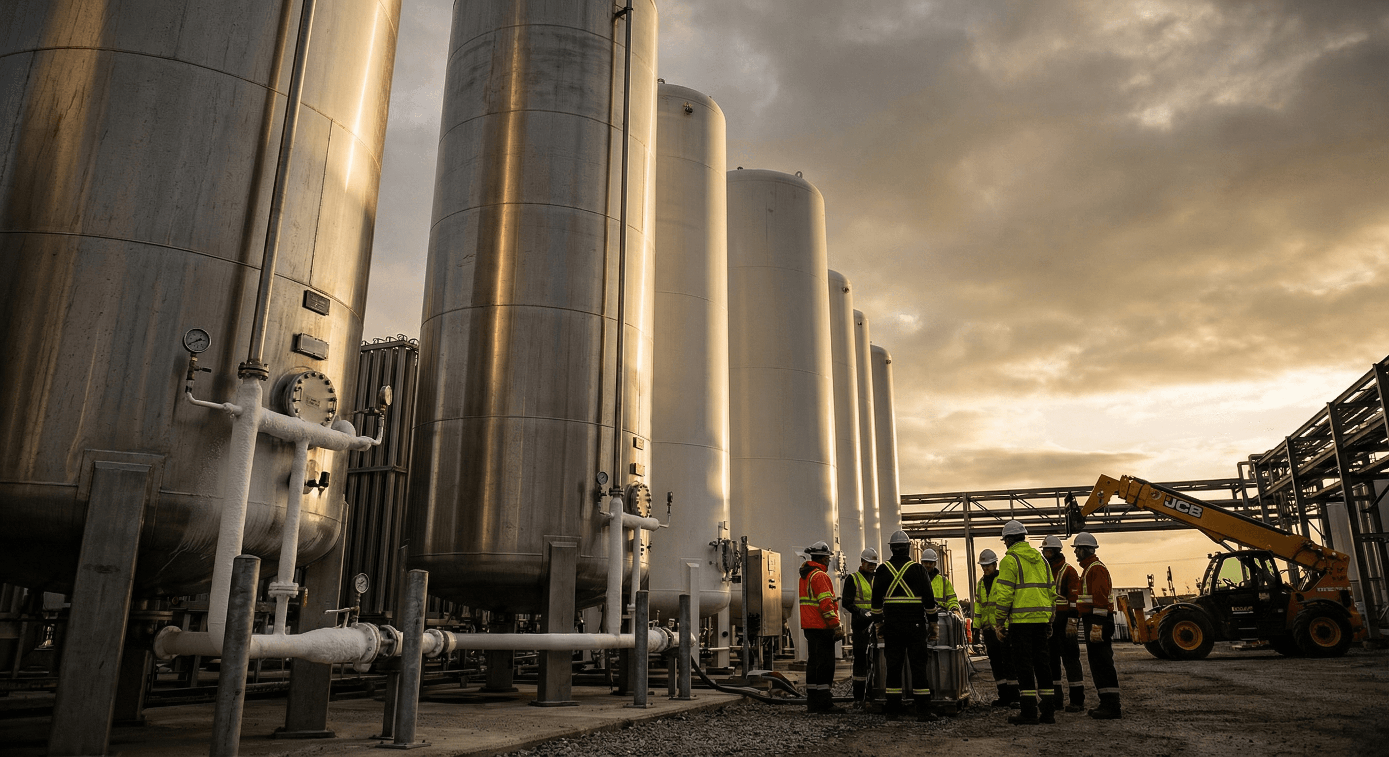 Cryogenic tank removal crew in hi-vis vests and hard hats gathered at an industrial facility with large vacuum-jacketed storage tanks and a JCB telehandler at sunset