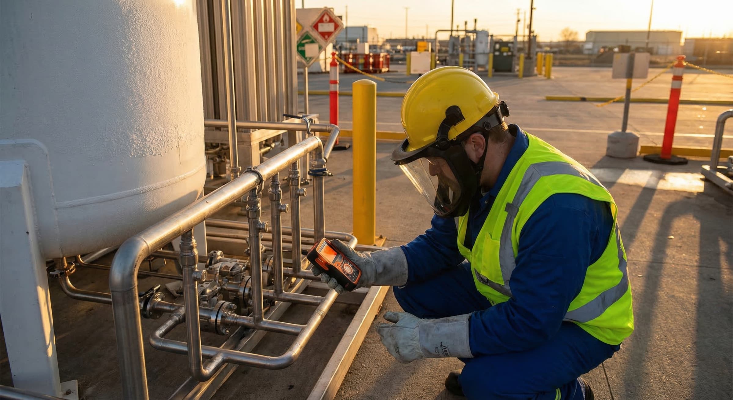 HAZWOPER-certified technician in full PPE using a gas detection instrument near cryogenic storage tanks and pressure piping manifolds during safety monitoring